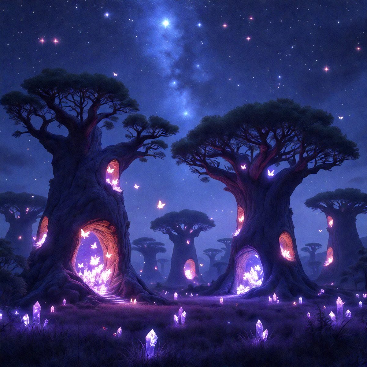 The primary subject of the image is a group of trees with purple lights illuminating them. The setting is a forest at night, with the trees standing tall and the sky visible above. The visual style is a digital art or illustration, creating a surreal and magical atmosphere. The colors and mood are predominantly purple, giving the scene a serene and enchanting quality.